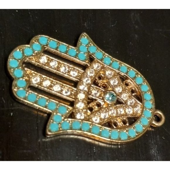 Unsigned Jewelry - Hamsa Hand Evil Eye Gold Tone Blue Clear Rhinestones Beads‎ 1" Pendant Charm
